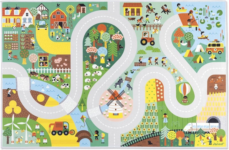 Janod - Children's Car Rug - Countryside Theme - Soft & Non-Slip - Farm & Forest Pattern - Play Rug for Girls & Boys' Bedrooms - 120 x 78cm - Hand Washable - from 2 Years Old - J05930 - Image 1